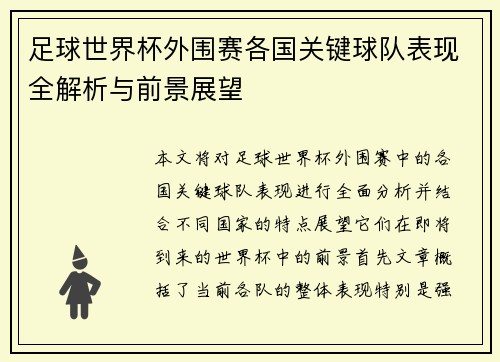 足球世界杯外围赛各国关键球队表现全解析与前景展望