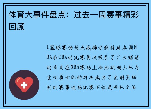 体育大事件盘点：过去一周赛事精彩回顾