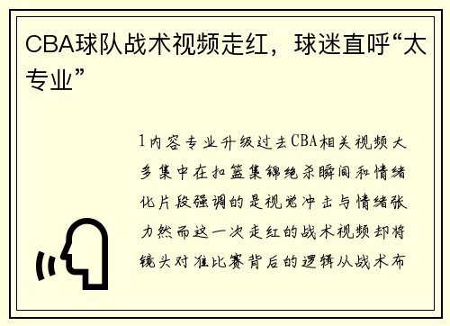CBA球队战术视频走红，球迷直呼“太专业”