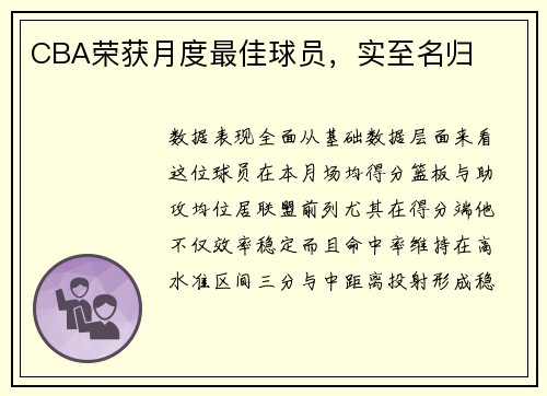 CBA荣获月度最佳球员，实至名归